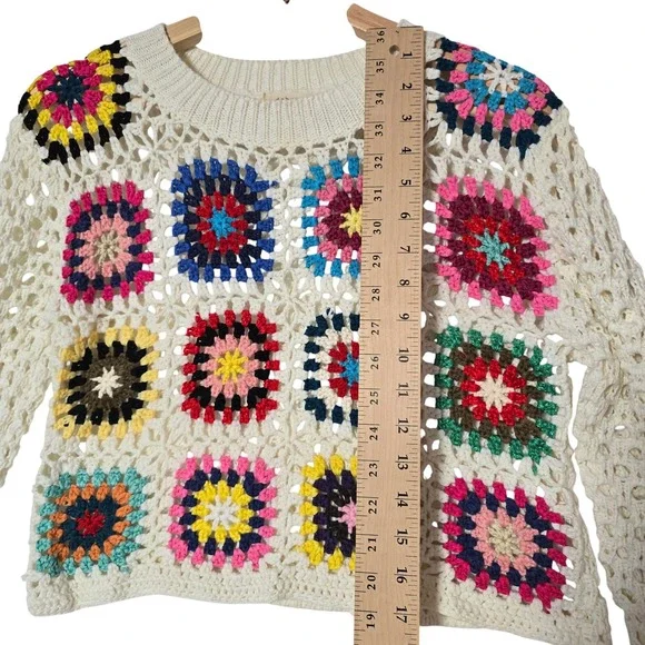 Debut Cream Crochet Granny Square Sweater Long Sleeve Women's Size S - Picture 9 of 9